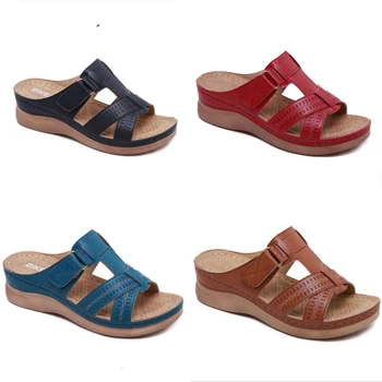2021 Verão As Mulheres Sandálias De Cunha Ortopédico Premium Open Toe Sandálias Vintage Anti-Derrapante Casual De Couro Feminino Plataforma Retro Sapatos
