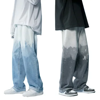 2023 Verão Novo Tie-dye Gradiente de calças de Brim dos Homens de Moda Casual Homens de Grande perna de Calça São Muito Simples de Tubo Loose Jeans Versão coreana