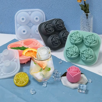 3D Silicone Rosa Forma de Cubo de Gelo DIY Maker Reutilizáveis Uísque Cocktail Molde do Creme de Gelo do Silicone do Molde de Gelo Fabricante de Bola Barra de Ferramenta