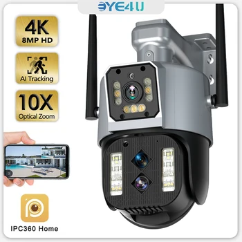 4K de 8MP Câmera de Segurança ao ar livre WIFI Zoom Digital de 10X Três do CCTV da Lente Dupla Tela de Vigilância Cam Auto controle de Áudio em Dois sentidos