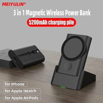 5200mAh Magnético sem Fio Banco de Alimentação Destacável Suporte do Carregador para Apple iWatch iPhone 14 Bateria Externa Estação de Carregamento Rápido