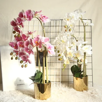7Heads Látex Filme Phalaenopsis Flores Artificiais Toque Realista Plantas de Orquídeas Bonsai para Casamento Decoração Festa Tabela de exposição