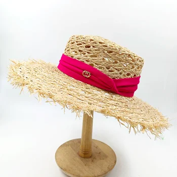 Aba larga com topo plano Lafite verão chapéu de palha fita acessórios chapéu de sol das mulheres escavado chapéu de sol praia hat