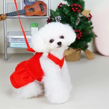 B11 Cão de Inverno Saia com Coleira Pet Algodão Vestido de Cachorro Doce Roupas de lã no Outono Casaco Vermelho Festivo Arco
