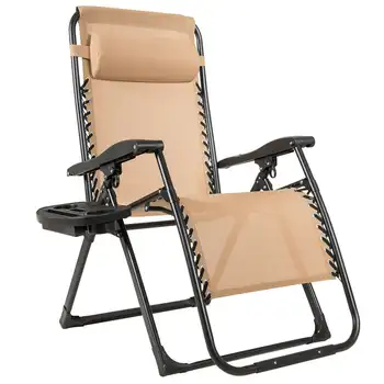 Cadeira dobrável de Gravidade Zero Cadeira c/ Bandeja Almofada Suporte de Copo Bege