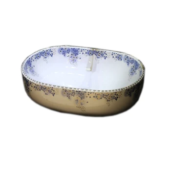 Casa de banho Oval Pia de Cerâmica, Bancada de Lavatório de Porcelana Pintura à Mão de Arte Dissipador da Embarcação XRS1003