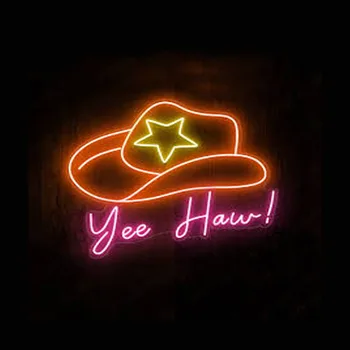 Chapéu De Cowboy Yee Haw Luz De Néon Sinal Artesanais Personalizados Real Tubo De Vidro De Cerveja De Armazenamento De Empresas Anunciar Decoração Da Parede Luz Do Ecrã De 17