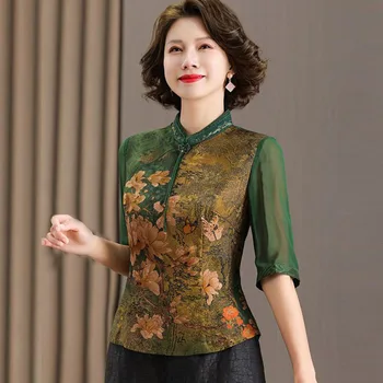 Cheongsam Das Mulheres Plus Size Tops 2023 Verão Nova Moda Tecido De Seda Imprime Splicing Stand Colarinho Tradição De Estilo Chinês, Camisas De