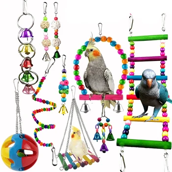 Conjunto de 10 Pack Gaiola do Pássaro Brinquedos para Papagaios Confiável e Mastigar - Balanço de Suspensão de Mascar Mordida Ponte de Madeira Esferas de Bola Bell Pássaro Brinquedos