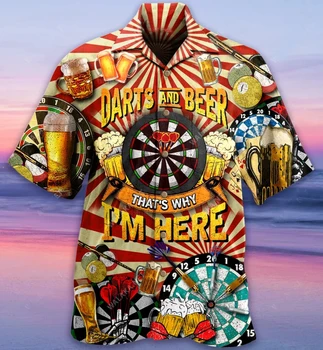 Dardos e Cerveja 3D Praia do Havaí 2022 Verão Anime Camisa de Manga Curta, Camisa de Street wear de grandes dimensões 5XL Camisa Social de Química Homens