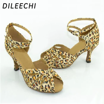 DILEECHI Leopard print cetim latino dança sapatos femininos verão adultos de dança de Salão sapatos de mulheres do partido praça de dança sapatos