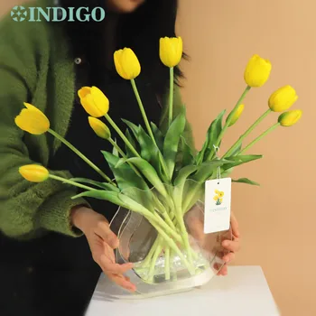 INDIGO-Silicone Tulip e Acrílico Vaso, Flores Artificiais, Toque Real Pétalas, Decoração de Casa, Presente de Bonsai, 1 Set, 10Pcs