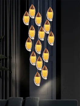 LED Duplex Escada Lustre Nórdicos Luxo Villa de Meados do Chão Oco Iluminação Home Sala do Cristal de Manga Longa Lustre