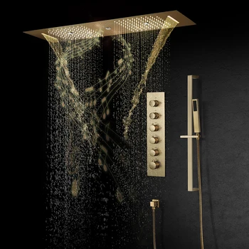 Luxo Escovado Ouro Torneiras Chuveiro Conjunto Termostática LED Chuveiro casa de Banho Sistemas Embutidos no Teto Chuva Grande Vazão de Chuveiros