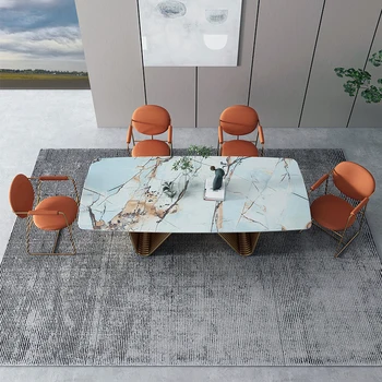 luz brilhante de luxo rock placa tabela moderno, simples família pequena mesa de jantar com designer criativo quadrados de aço inoxidável tabela