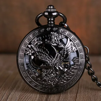 Moda Charme Black Eagle Design Mecânico Relógio de Bolso Personalizado Vintage Oco Mão-de enrolamento Mens Bolso Fob Relógios