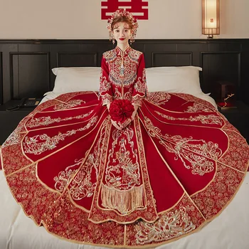 Noiva Vermelho De Paetês Com Beading Borlas De Casamento Vestido Cheongsam Chinês Tradicional Terno De Casamento Do Bordado De Roupas
