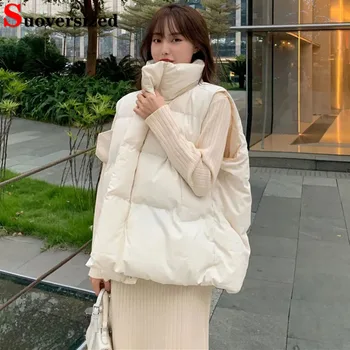 Outono-Inverno Stand Colar Algodão Acolchoado Engrossar Colete Solta Mulheres Coreano Sem Mangas Casao Elegante Quente Casual Curto Nova Outwear