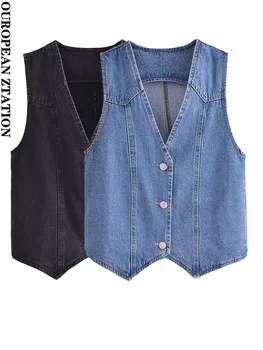 PAILETE Mulheres 2023 moda frontal botão de colete jeans vintage decote em v sem mangas femininas roupa chique tops