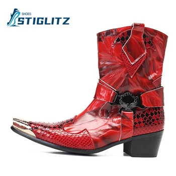 Painel Python-Efeito de Couro, Ankle Boots Red Party Mostrar Botas de Mens de Luxo Chelseas Homens Genuíno Couro Casual Sapatos 2023 Novo