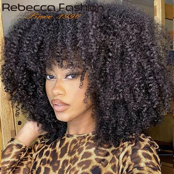Rebecca 250% Densidade Afro Curto Crespo Encaracolado Perucas De Cabelo Humano Com Franja Glueless Atrevida Fofo Crescimento Natural Perucas Para As Mulheres
