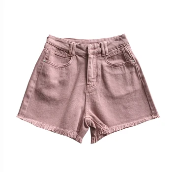 Retro Sarja cor-de-Rosa Sujo Shorts Jeans de Cintura Alta em linha Reta Verão Shorts para as Mulheres