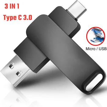 USB 3.0 Flash Drive para o TIPO C 3 EM 1 de Alta Velocidade de 64 GB Pen Drive de 1 TB de 512GB de 256 GB 128 GB OTG Tipo C Pendrive para PC e Telefone