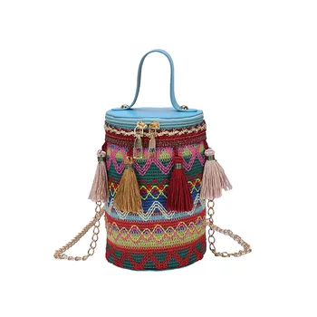 Vintage estilo Étnico cilindro saco de Mulheres de Moda de Borla crossbody bolsa de ombro de Viagem Ocasional Pequena Bolsa de cosméticos Bolsa de Telemóvel