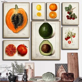 Vintage Retro Frutas Cartaz de Abacate, Morango Escandinavos Tela de Pintura de Parede de Arte Cartazes Impressões de Decoração para Cozinha de Jantar. Roo