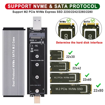 W306 SSD, Disco Rígido USB Tipo-C Interface Dupla USB3.1 Gen2 SSD Caso de Plug and Play de 10 gbps, por M2 NVMe PCIe/M. 2 SSD SATA