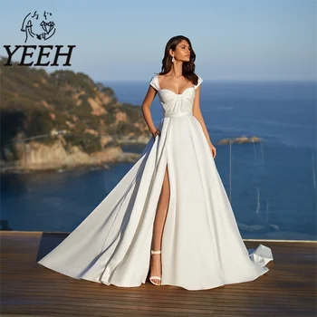 YEEH Simples Plissado Sweetheart Decote do Vestido de Casamento de Crepe Tribunal Trem Vestido de Noiva com Alta Bolsos de Fenda Vestido De Noiva
