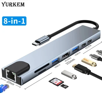 YurKem 8 em 1 Concentrador USB 3.0 Para o ipad, Laptop Adaptador de PC PD Carga de 8 Portas Dock Station RJ45 HDMI-compati TF/Cartão SD-Tipo C Divisor