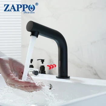 ZAPPO de Luxo em Preto Fosco Torneiras Bacia Banheiro torneiras Automáticas Touchless Torneiras Deck Montado Quente e Frio Torneiras com Sensor de Guindaste